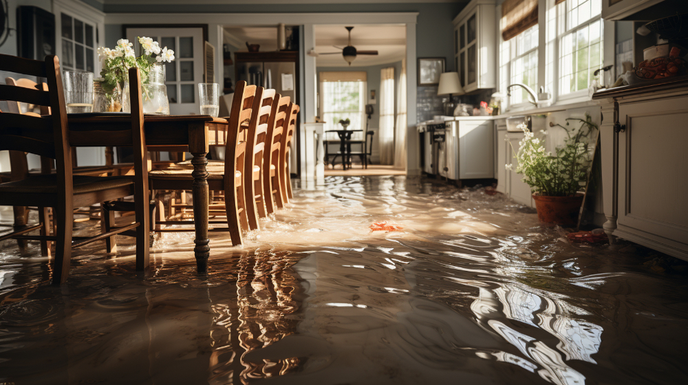 Flooded kitchen and dining room with sunlight.