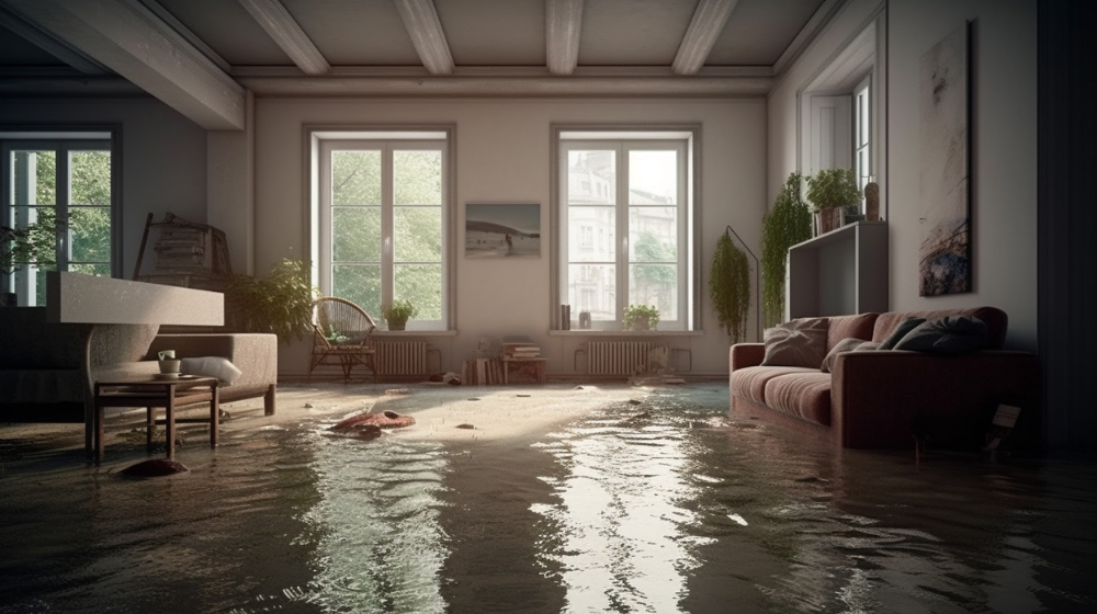 Flooded living room with modern furniture.