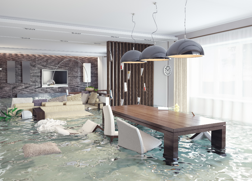 Flooded living room with furniture floating.